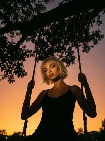 Tree Swing Golden Hour Bob Haircut Black Dress Cinematic Portrait — Nano Banana 2 AI Prompt: Gemini Nano Banana Pro Prompt (golden sunset look): Cinematic portrait of a youn...
