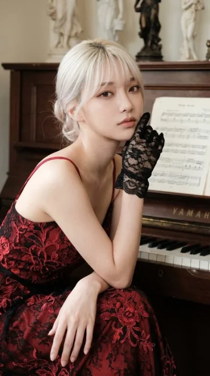 Upright Piano Black Lace Glove Red-Black Lace Dress Gothic Portrait