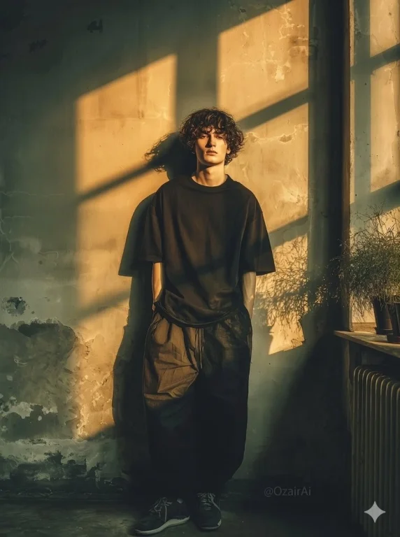 Window Shadow Curly-Hair Guy Golden Hour Portrait