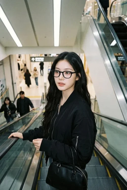 Escalator Lady Horn-Rim Glasses Bomber Jacket Candid