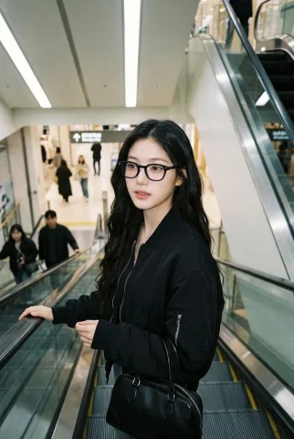 Escalator Lady Horn-Rim Glasses Bomber Jacket Candid — Nano Banana 2 AI Prompt: Gemini Nano Banana Pro Prompt: Photorealistic iPhone candid of a woman on an esc...