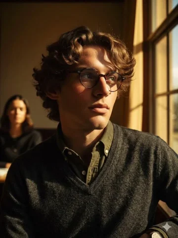 Classroom Window Golden Hour Pensive Male Portrait — Nano Banana 2 AI Prompt: { "style": "cinematic realism, natural light, film still", "subject": { "descrip...