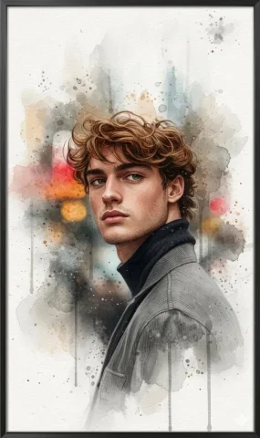 Watercolor Brown-Hair Male Portrait Splash Art — Nano Banana 2 AI Prompt: A high-resolution watercolor portrait of a handsome young man with messy, wavy l...