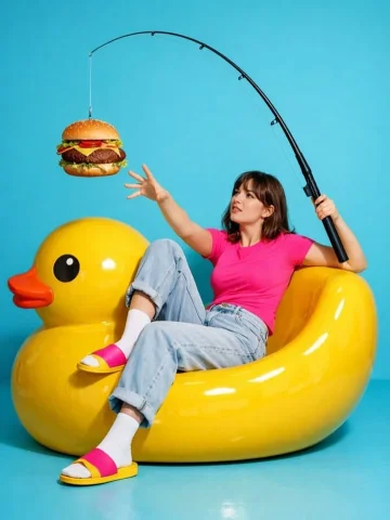 Yellow Duck Chair Teal Background Pop Art Portrait — Nano Banana 2 AI Prompt: A vibrant studio photoshoot of a young woman sitting casually on a large glossy...