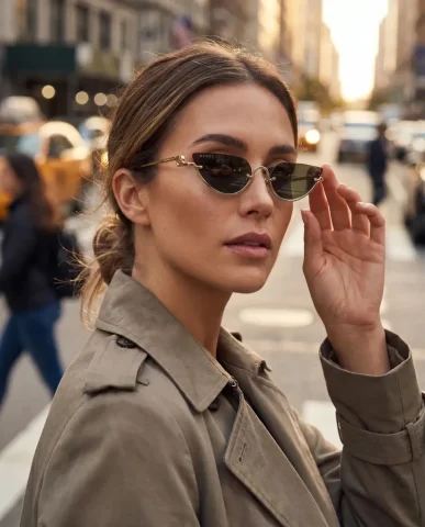 Trench Coat Sunglasses Golden Hour Street Fashion Portrait — Nano Banana 2 AI Prompt: Ultra-realistic cinematic street portrait of a stylish woman wearing sleek oval...