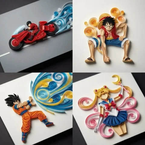 Paper Quilling Papercraft Manga Scenes 2x2 Grid — Nano Banana 2 AI Prompt: paper quilling with Nano Banana Pro. Used it for manga scenes. 2x2 grid, do this...