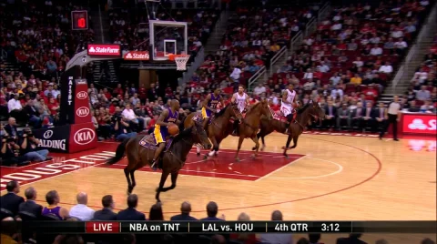 NBA Horseback Surreal TV Broadcast Wide-Shot — Nano Banana 2 AI Prompt: - DIRECTIVE: Capture a realistic, wide-angle wide-shot still from a live TV spor...