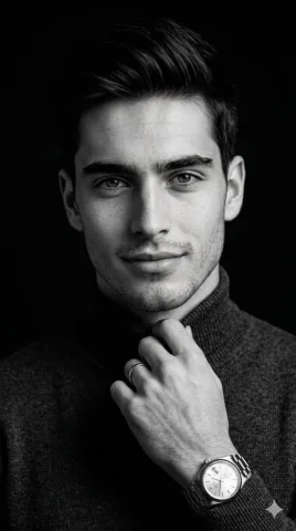 Black White Turtleneck 85mm Dramatic Light Portrait — Nano Banana 2 AI Prompt: Vertical 9:16 black-and-white cinematic portrait, same male (exact identity, no...