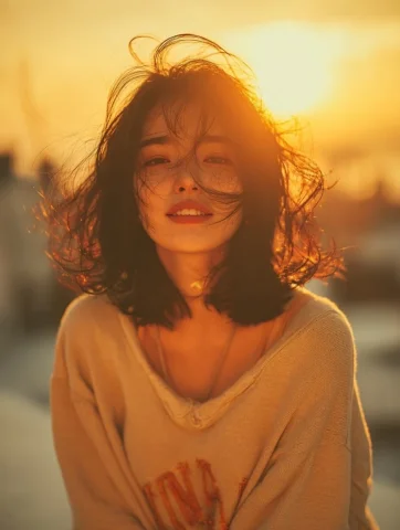 Urban Rooftop Backlit Wind-Blown Hair Cinematic Portrait — Nano Banana 2 AI Prompt: Golden hour cinematic portrait of a young woman outdoors, soft warm sunlight bac...