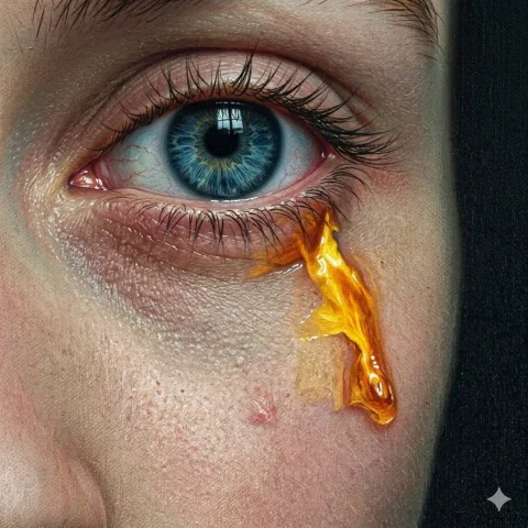 Blue Iris Golden Liquid Tear Hyper-Realistic Photography — Nano Banana 2 AI Prompt: photography of a human eye with hyper-realistic skin texture. The iris is a deep...