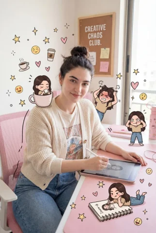 Pink Office Chibi Minis Doodle Creative Portrait — Nano Banana 2 AI Prompt: Use the reference photo to create a realistic female character, soft smile, with...