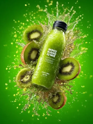 Kiwi Juice Bottle Explosive Product Advertisement Photography — Nano Banana 2 AI Prompt: In mid-air, a kiwi fruit bursts explosively, green pulp and black seeds scatteri...