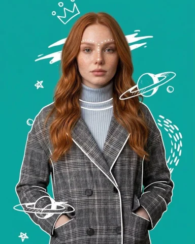 Teal Background Red Hair Doodle Creative Editorial Portrait — Nano Banana 2 AI Prompt: Portrait of a young woman with long wavy red hair and freckles, wearing a grey p...