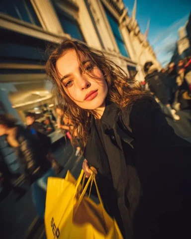 Golden Hour Shopping Street Yellow Bags Cinematic Portrait — Nano Banana 2 AI Prompt: Cinematic street portrait of a young woman walking through a busy shopping stree...