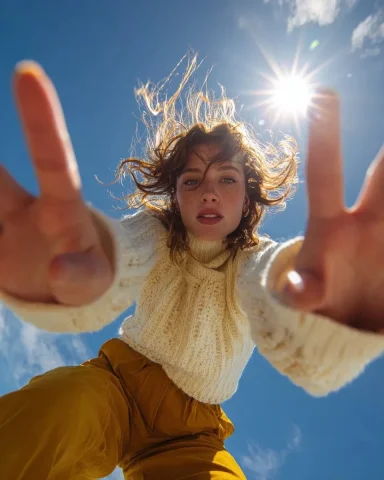 Fisheye Low-Angle Backlit Wind-Blown Outdoor Portrait — Nano Banana 2 AI Prompt: Ultra wide-angle low-angle portrait shot from ground perspective, young woman le...