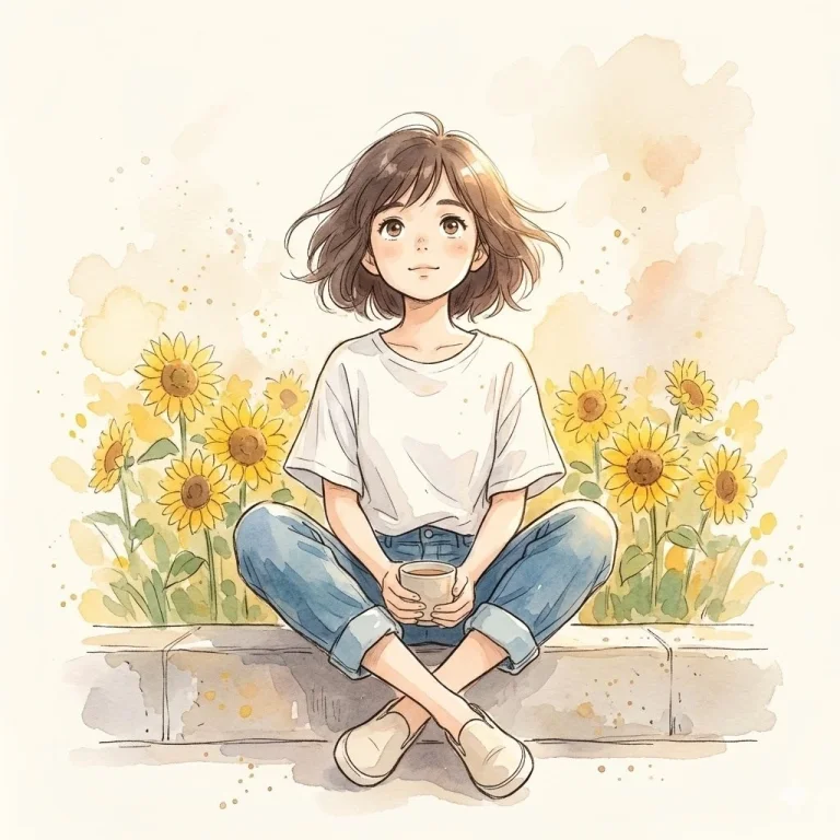 Watercolor Anime Sunflower Girl Ghibli Style Illustration