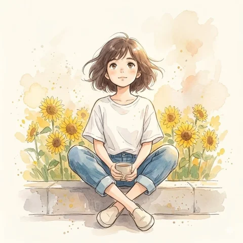 Watercolor Anime Sunflower Girl Ghibli Style Illustration — Nano Banana 2 AI Prompt: A soft watercolor anime-style illustration of a young girl sitting on a low conc...