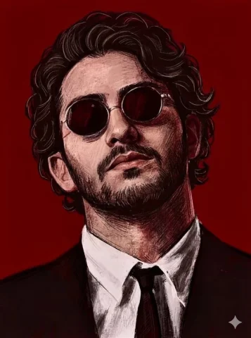 Crimson Glasses Gritty Sketch Style Portrait — Nano Banana 2 AI Prompt: A gritty digital sketch and textured painting of a young man with wavy dark hair...