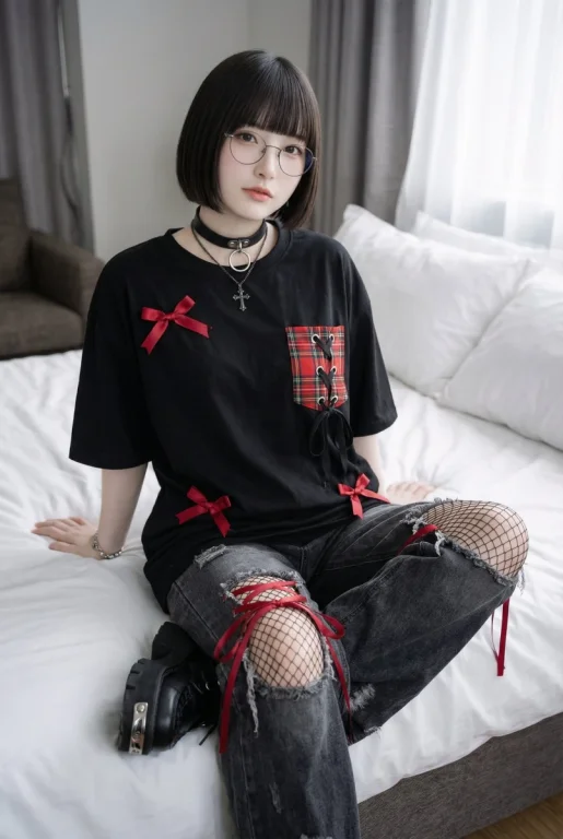 Dark Gothic Punk Red Ribbon Tartan Fashion Outfit