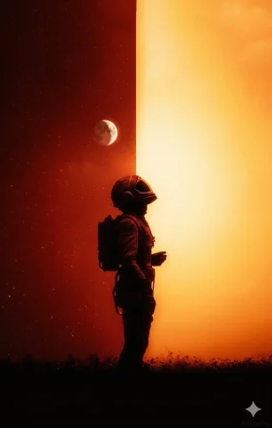 Astronaut Silhouette Red Blue Split-Screen Surreal Poster — Nano Banana 2 AI Prompt: A cinematic, high-contrast vertical composition of an astronaut's silhouette sta...