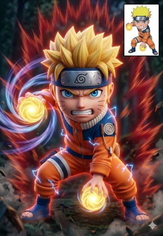 Naruto Chibi 3D Rendered Battle Stance — Nano Banana 2 AI Prompt: A hyper-detailed 3D rendered chibi Naruto in orange jumpsuit, crouching low in b...