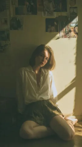 Vintage Room Side-Lit Cinematic Introspective Portrait — Nano Banana 2 AI Prompt: Cinematic portrait of a young woman sitting on the floor in a small vintage room...