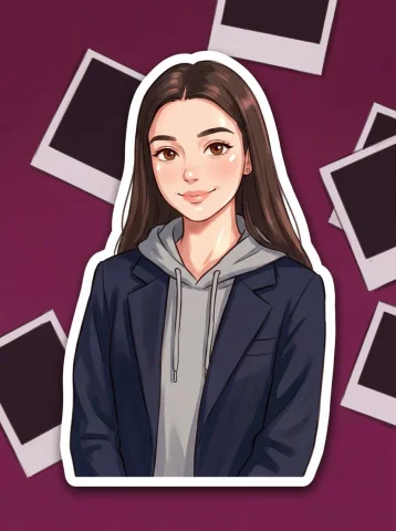 Ghibli Style Sticker Flash Photo Portrait — Nano Banana 2 AI Prompt: A Studio Ghibli-style sticker illustration of a young woman with the same face a...