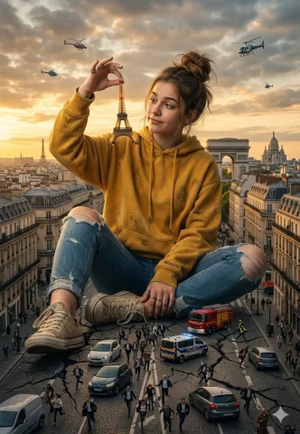 Giant Girl Paris Eiffel Tower Surreal Scene — Nano Banana 2 AI Prompt: A giant teenage girl in a yellow oversized hoodie and ripped jeans sits cross-le...