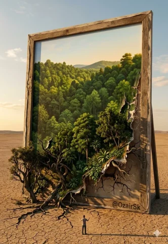 Giant Canvas Desert Trees Escaping Surreal Scene — Nano Banana 2 AI Prompt: An enormous canvas — taller than a building — stands in the middle of a barren c...