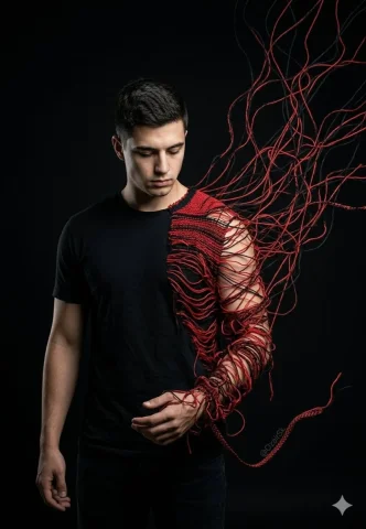 Red Black Thread Unraveling Surreal Bust Portrait — Nano Banana 2 AI Prompt: A standing male figure, photographed from the waist up, whose entire right arm a...
