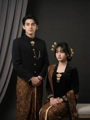 Javanese Traditional Attire Formal Couple Studio Portrait — Nano Banana 2 AI Prompt: A formal studio portrait of a young Southeast Asian couple wearing traditional J...