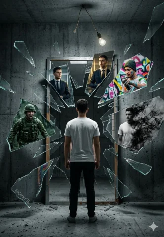 Shattered Mirror Multiple Selves Surreal Portrait — Nano Banana 2 AI Prompt: A young man stands in front of a shattered full-length mirror, but each broken s...