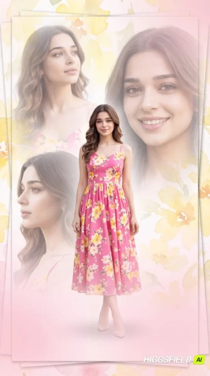 Watercolor Floral Dreamy Multi-Layer Collage Pink Dress Portrait