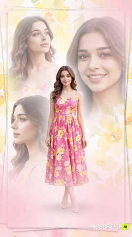 Watercolor Floral Dreamy Multi-Layer Collage Pink Dress Portrait — Nano Banana 2 AI Prompt: A beautiful multi-layered photo collage featuring the a girl from the reference...