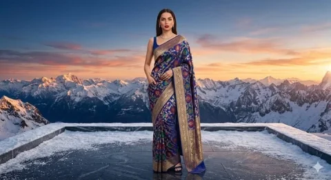 Snow Mountain Sunset Indian Saree High Fashion Portrait — Nano Banana 2 AI Prompt: A high-resolution, full-body photograph captures a beautiful woman, resembling A...