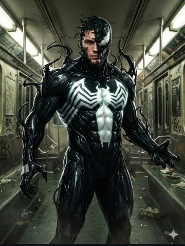 Venom Symbiote Subway Half-Face Reveal Portrait — Nano Banana 2 AI Prompt: Cinematic medium shot of a muscular man in a detailed black Venom symbiote suit,...