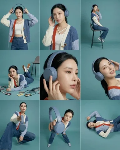 3x3 Grid Headphone Product Shoot Storyboard — Nano Banana 2 AI Prompt: 3×3 storyboard grid, nine panels, same subject and outfit, consistent teal studi...