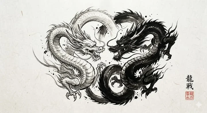 Yin Yang Twin Dragons Sumi-e Ink Painting