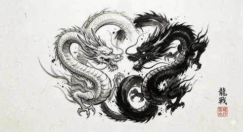 Yin Yang Twin Dragons Sumi-e Ink Painting — Nano Banana 2 AI Prompt: Yin and Yang, two Japanese dragons fighting, one white, one black, minimalist Ja...