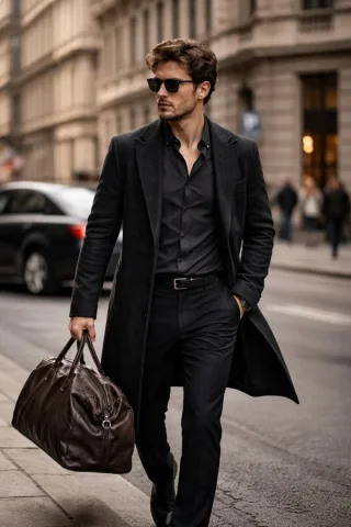 Cinematic Urban Street Walking Male Portrait — Nano Banana 2 AI Prompt: A medium-full-length photograph captures a man walking purposefully down a city...