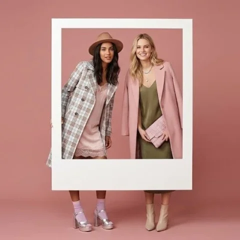 Pink Background Dual Model Polaroid Fashion Editorial — Nano Banana 2 AI Prompt: A high-resolution studio photograph featuring two female models posing against a...