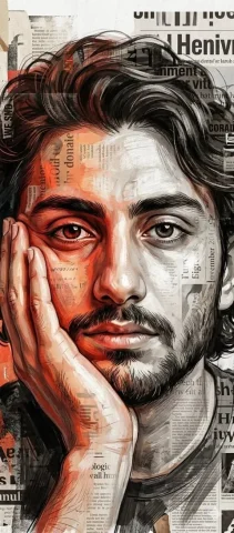 Vintage Newspaper Collage Mixed-Media Digital Painting Portrait — Nano Banana 2 AI Prompt: A hyper-detailed digital painting portrait of a man with a thoughtful expression...