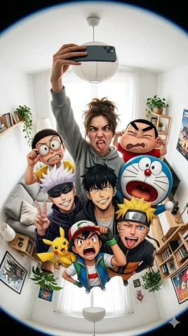 Anime Characters Fisheye Funny Group Selfie — Nano Banana 2 AI Prompt: Ultra-realistic 9:16 vertical format fisheye selfie of a person with [shinchan,...