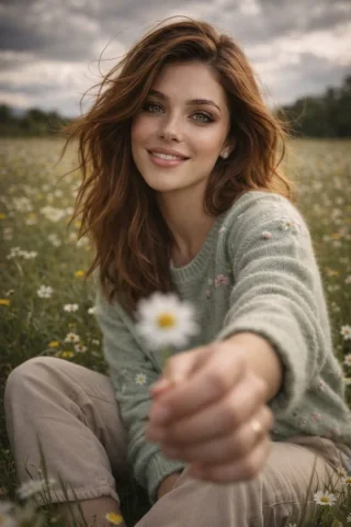 Spring Daisy Meadow Fresh Countryside Portrait — Nano Banana 2 AI Prompt: Cinematic lifestyle portrait of a young woman with the exact same face as the re...