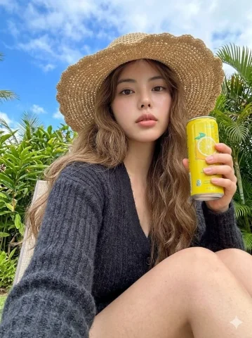 Tropical Straw Hat Citrus Drink iPhone Street Photo — Nano Banana 2 AI Prompt: Create image: Use the attached reference image as a visual guide for the charact...