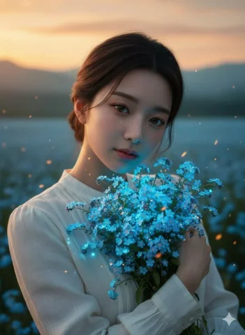 Blue Glowing Bouquet Twilight Fantasy Portrait — Nano Banana 2 AI Prompt: Create a cinematic, ultra-detailed waist-up portrait with a dreamy fantasy aesth...