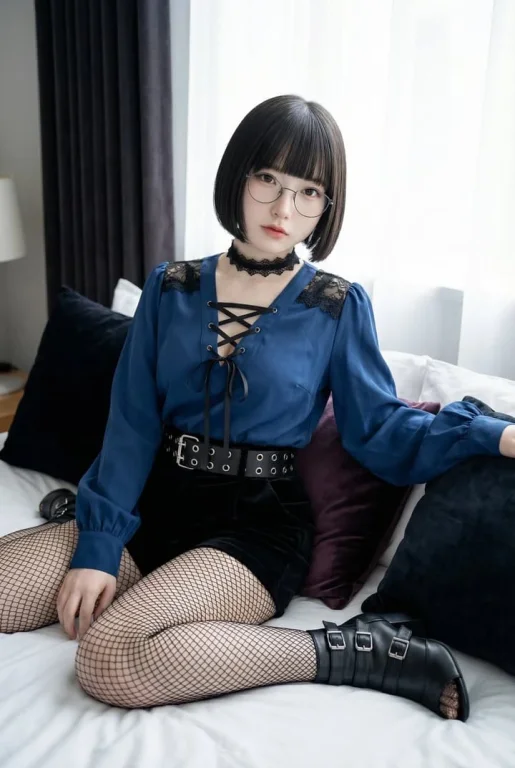 Deep Blue Bishop Sleeve Lace-Up Velvet Shorts Outfit