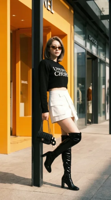 Orange Storefront Street Fashion Black Boots Portrait
