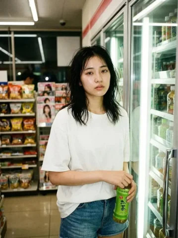 Late Night Convenience Store Girl Portrait — Nano Banana 2 AI Prompt: A candid, cinematic photo of a young woman standing inside a brightly lit conven...