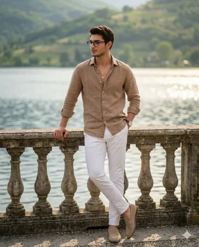 Lakeside Stone Railing Casual Mens Full Body Portrait — Nano Banana 2 AI Prompt: Ultra-realistic 8K full-body portrait (4:5) of a stylish young man leaning on a...